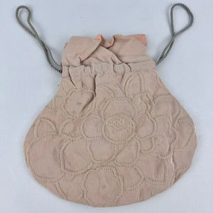 1920's 1930's Blush Crepe Trapunto Quilted Drawstring Bag with Peach Crepe Lining