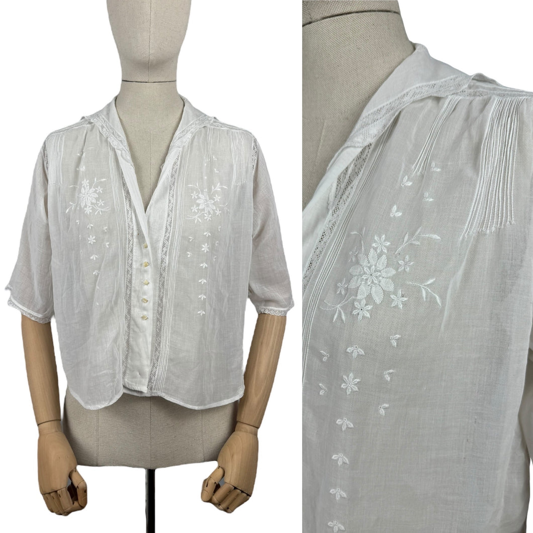 Vintage Edwardian Style Blouse in Fine Cotton Lawn with Mother of Pearl Buttons, Pintucks and Lace Trim - Bust 36