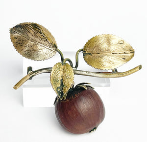 Charming Vintage 1940's Real Hazelnut Brooch with Metal Leaves