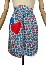 Load image into Gallery viewer, Original 1940's Feed Sack Apron - Red, White and Blue Base with Red and Blue Heart Pockets
