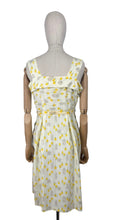 Load image into Gallery viewer, Original 1950&#39;s Yellow, Green and Brown Novelty Print Sleeveless Belted Day Dress with Roses, Birds and Birdcage Print - Bust 38
