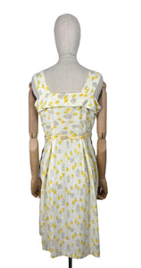 Original 1950's Yellow, Green and Brown Novelty Print Sleeveless Belted Day Dress with Roses, Birds and Birdcage Print - Bust 38