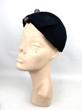 Load image into Gallery viewer, 1930’s Inky Black Felt Close Fitting Felt Hat with Art Deco Clear Paste Trim in a Good Size
