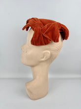 Load image into Gallery viewer, Original 1950&#39;s Burnt Orange Cotton Velvet Hat with Bow Detail
