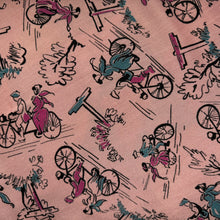 Load image into Gallery viewer, Original 1940's Novelty Print Pink Linen Dressmaking Fabric with Bicycles - 36"x 64"

