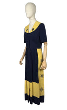 Load image into Gallery viewer, Stunning Original 1940's Navy and Butter Yellow Colour Block Crepe Dress with Floral Embroidery - Bust 34 35 *
