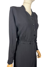 Load image into Gallery viewer, Original 1940's Classic Black Crepe Belted Day Dress with Beaded Pocket Detail - Bust 35 36
