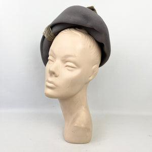 Original 1930's Dove Grey Side Tilt Hat with Large Oversized Velvet Bow Trim *