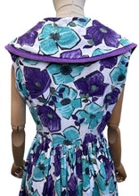 Load image into Gallery viewer, Original 1950's Vibrant Cotton Day Dress in Purple, Blue and White - Bust 36
