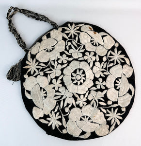 Original 1920's Black Cotton and Ivory Silk Embroidered Circular Bag *