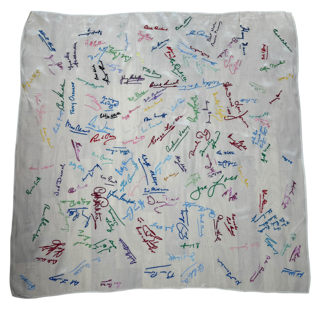 Original 1940's 1948 Dated White Artificial Silk Scarf with Vibrant Embroidered Signatures