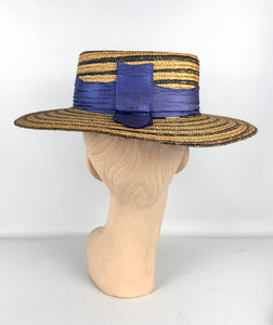 Original 1930's 1940's Blue Stripe Straw Hat with Floral Trim - Perfect Summer Hat *