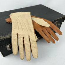 Load image into Gallery viewer, Original 1940&#39;s  CC41 Two-Tone Brown and Cream Gauntlet Gloves with Seamed Detail - Size 6.5 *
