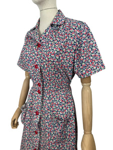 Original Volup 1930's Blue Cotton Dress with Pretty Floral Print in Red, Green and White - Bust 40 42