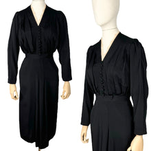 Load image into Gallery viewer, Original 1930&#39;s Volup Black Crepe Belted Day Dress with Ruffle Trim - Bust 42 44
