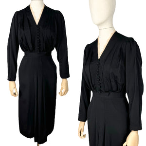 Original 1930's Volup Black Crepe Belted Day Dress with Ruffle Trim - Bust 42 44