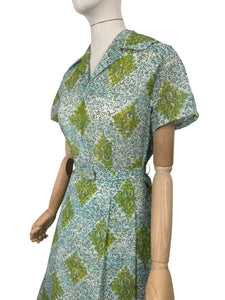 Original 1950's White, Blue, Green and Black Nylon Belted Day Dress - Bust 38 *