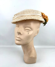 Load image into Gallery viewer, Original 1950&#39;s Cream Lacquered Raffia Hat with Pretty Apricot Rose Trim
