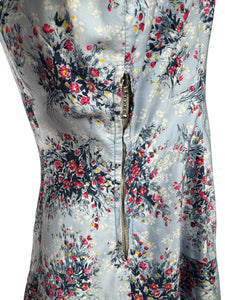 Original 1950's Floppy Blue Cotton Day Dress with Floral Sprays in Red, Yellow and White - Bust 38 40