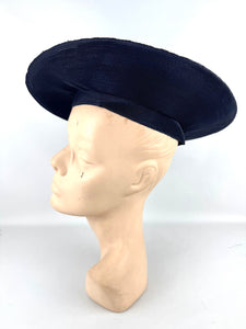 Original 1940's Midnight Blue Fine Straw Beret With Soutache and Glass Beading