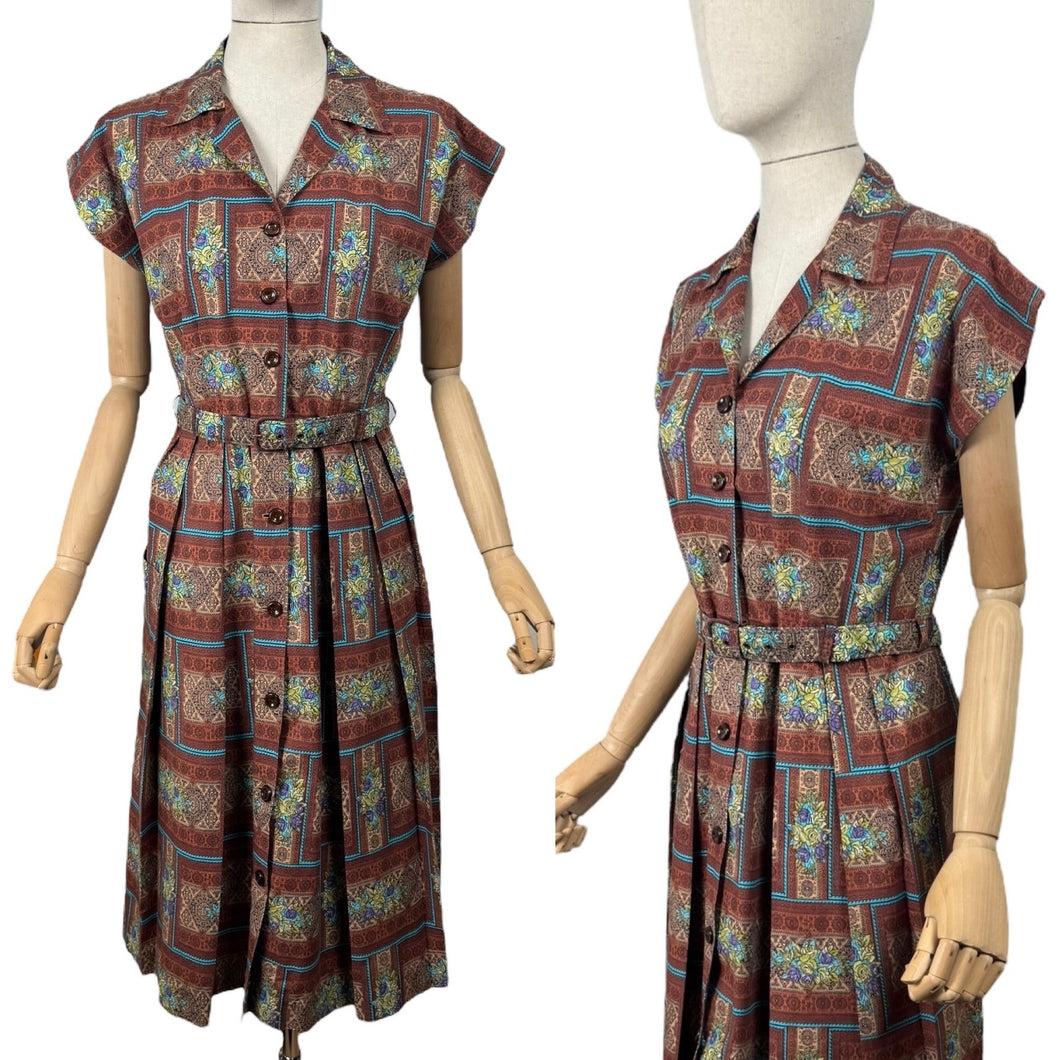 Original 1950's Brown, Blue and Green Belted Cotton Day Dress - Bust 36