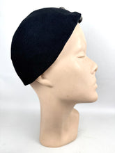 Load image into Gallery viewer, 1930’s Inky Black Felt Close Fitting Felt Hat with Art Deco Clear Paste Trim in a Good Size
