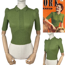 Load image into Gallery viewer, Reproduction 1940&#39;s Wartime Pure Wool Jumper with Neat Collar in Turtle Green  - Bust 34 36
