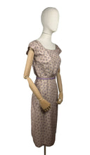 Load image into Gallery viewer, Original 1950&#39;s Pure Silk Squirrel Novelty Print Belted Wiggle Dress in Taupe and Purple - Bust 36
