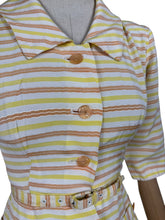 Load image into Gallery viewer, Original 1950's White, Yellow and Brown Belted Stripe Day Dress - Bust 32 34 *
