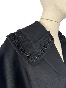 Original 1950's Petite Length Black Wool Princess Coat with Beaded Shawl Collar - Bust 38