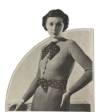 Load image into Gallery viewer, 1930&#39;s Reproduction Hand Knitted Long Sleeved Cardigan with Bow Trim and Spotted Belt in Green and Brown - Bust 32 34
