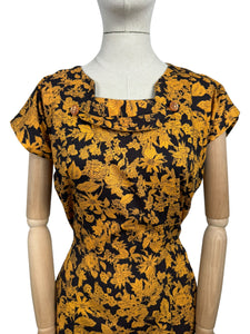 Original 1950’s Orange and Black Floral Cotton Wiggle Dress *