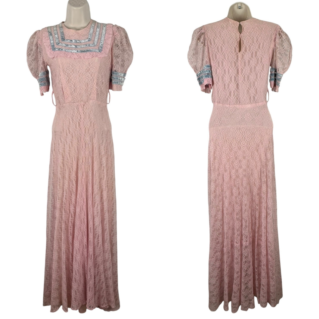 Original 1930's Pretty Pink and Blue Lace Full Length Belted Evening Dress - Bust 30 32