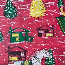 Load image into Gallery viewer, Original Vintage Colourful Christmas Wrapping Paper - Red Base with a Wintry Scene of Horse and Carriage with Houses and Trees
