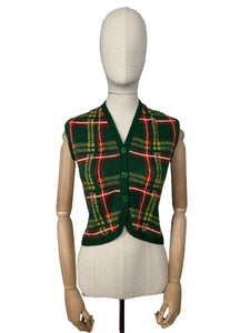 Original 1940's 1950's Green, Red, Yellow and White Tartan Waistcoat - Bust 32" 34"