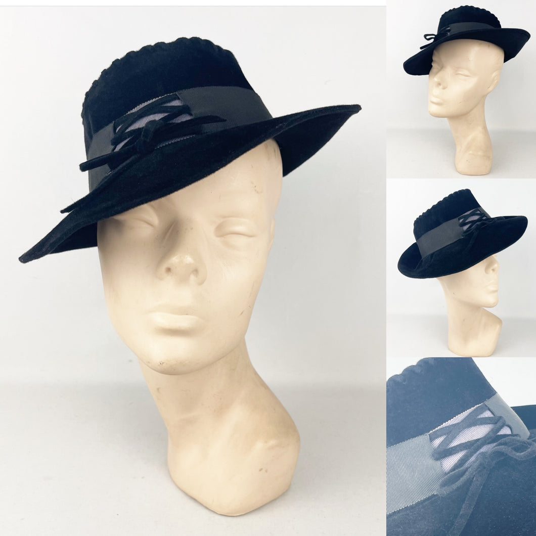 Original 1930's 1940's Inky Black Felt Fedora with Lace Work and Grosgrain Trim