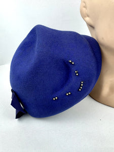 Original 1950's Rich Purple Felt Bonnet Style Hat with Bow Trim and Paste Detail