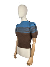 Load image into Gallery viewer, Reproduction 1940&#39;s Striped Jumper in Coffee Bean Brown and Dolphin Blue with Full Pull Sleeves - Bust 34 36
