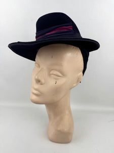 Original 1930's Midnight Blue Felt Hat with Crepe and Pink Velvet Trim - Classic Piece