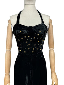 Original 1950’s Black Velvet Halterneck Full Length Evening Dress with Beaded Bodice - Bust 32 33