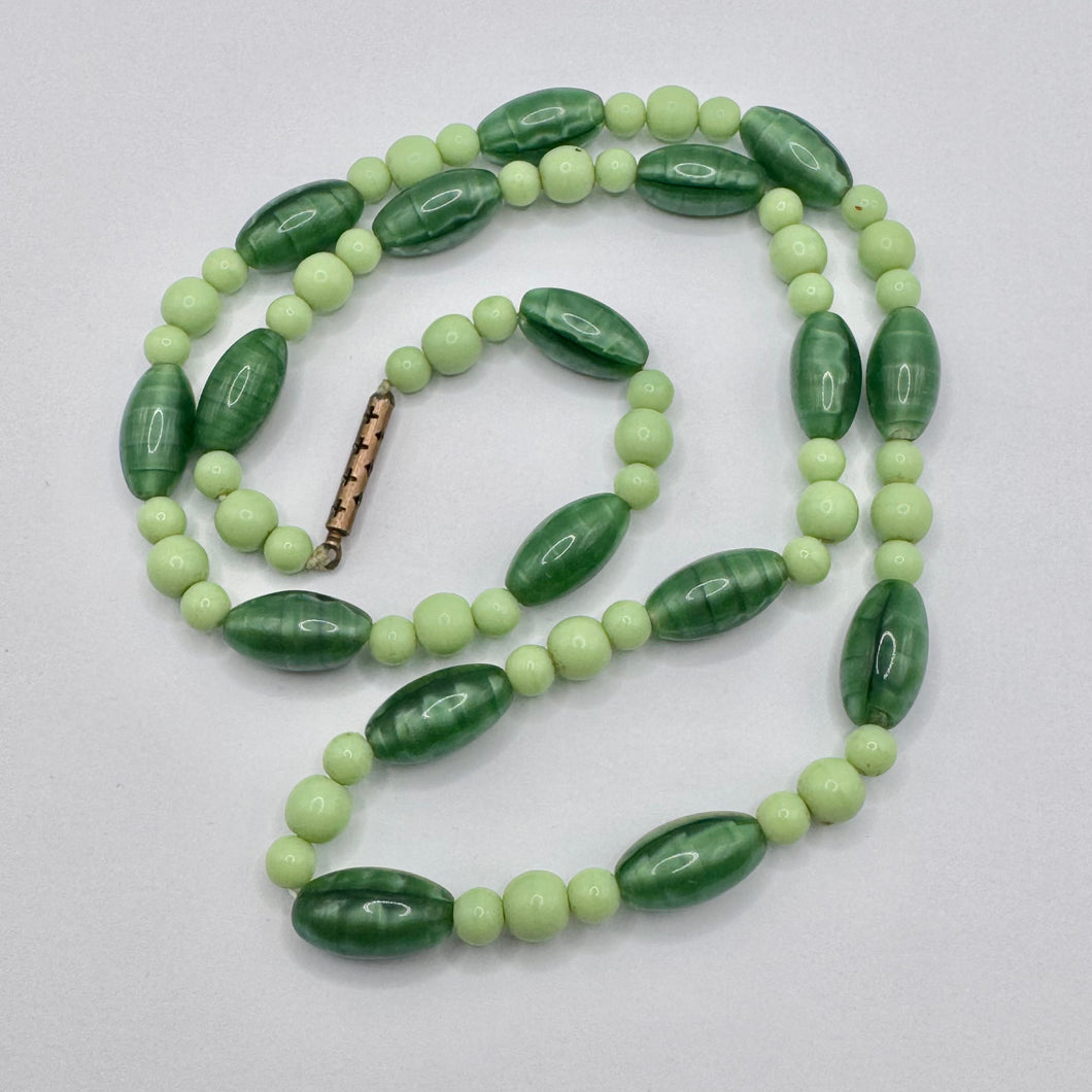 Original Art Deco 1930's Two Tone Green Satin Glass Graduated Bead Necklace