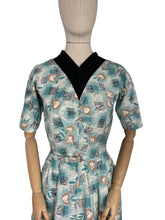 Load image into Gallery viewer, Original 1950&#39;s Ann Foster Atomic Print Belted Day Dress in Teal, White and Black - Reviersible - Bust 34
