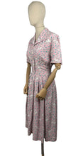 Load image into Gallery viewer, Original Late 1940&#39;s or Early 1950&#39;s Classic Floral Cotton Day Dress in Pink, White, Grey and Blue Floral - Bust 38
