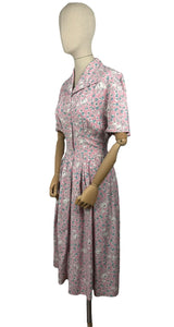 Original Late 1940's or Early 1950's Classic Floral Cotton Day Dress in Pink, White, Grey and Blue Floral - Bust 38