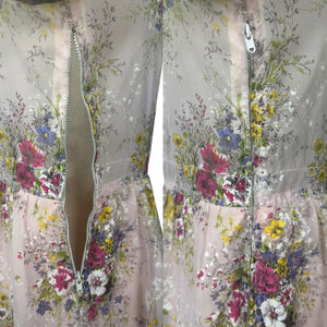Original 1950's Pretty Pale Pink Nylon Dress with Floral Print in Blue, Yellow and White - Bust 36 37