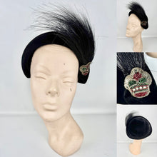 Load image into Gallery viewer, Original 1940&#39;s 1950&#39;s Black Felt Joseph&#39;s Inc Hat with Beaded Crown and Feather Trim
