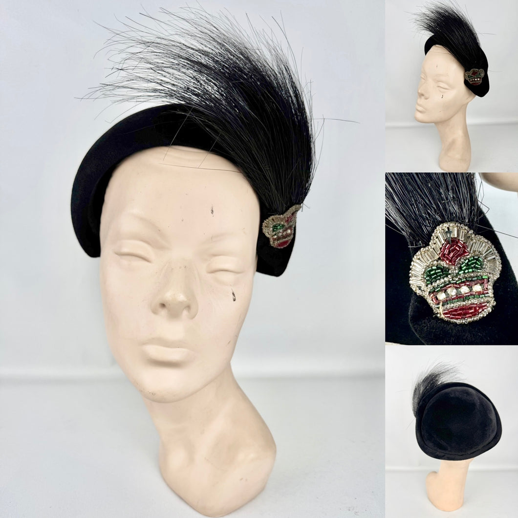 Original 1940's 1950's Black Felt Joseph's Inc Hat with Beaded Crown and Feather Trim