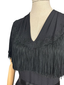 Original 1940's B Altman New York Full Length Black Crepe Evening Dress with Fringe Detail - Bust 36 38