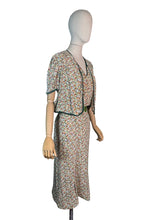 Load image into Gallery viewer, Original 1930's Dress and Faux Bolero Floral Belted Day Dress in Green, Rust and Yellow - Bust 42
