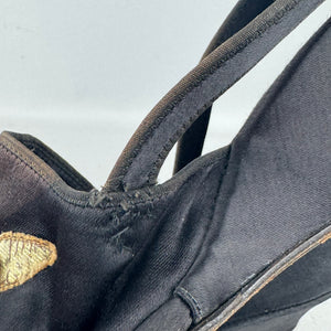 Wounded but Wearable Original 1940's Black Satin Evening Wedge Shoes with Gold Floral Applique Trim - Size 5 5.5